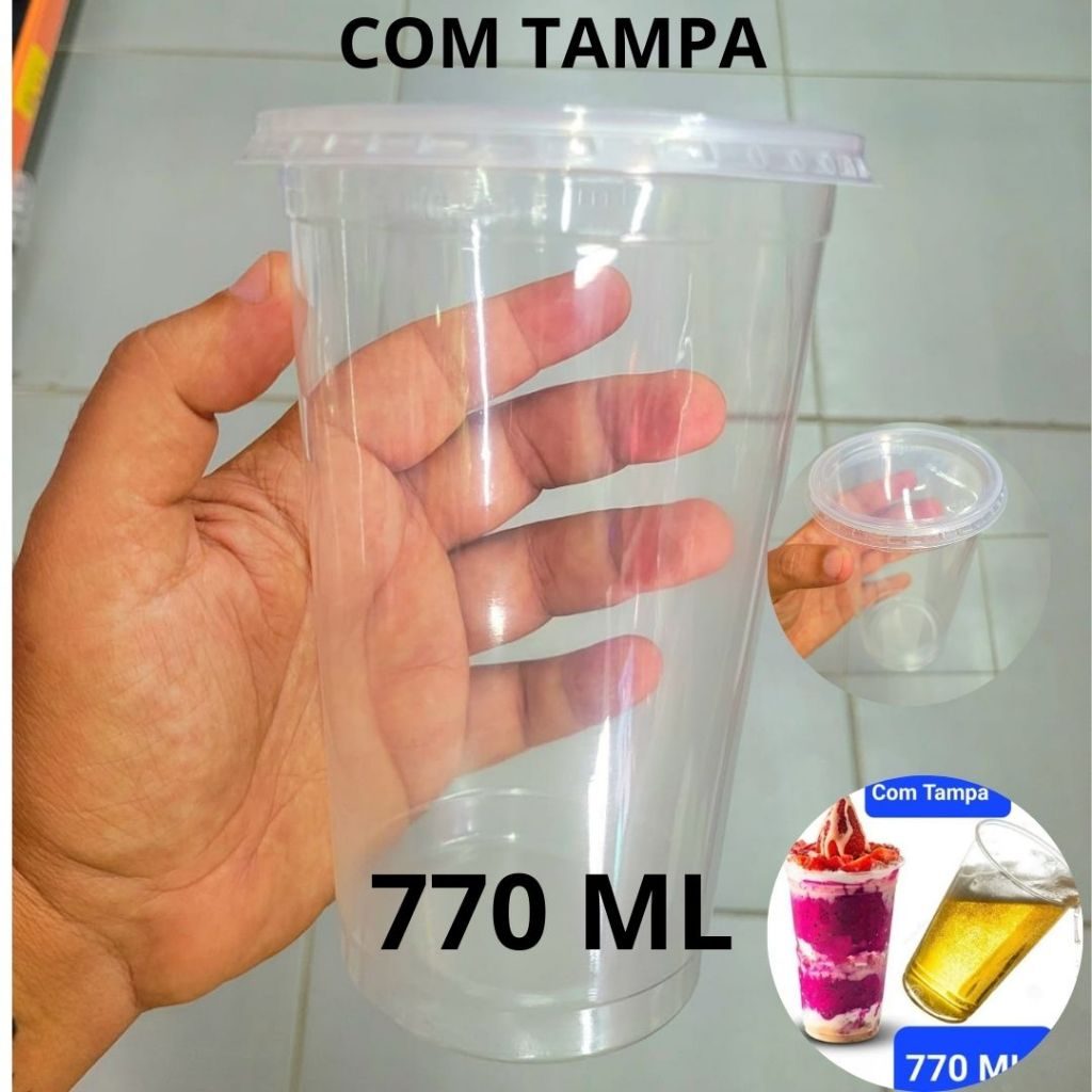 Copo de 770ml Com Tampa Transparente Liso PP Ultra Copos com 25 unidades Chope MilkShake Açaí