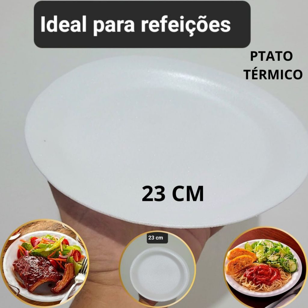 100 Prato de Isopor Térmico Raso 23 cm Refeição Churrasco