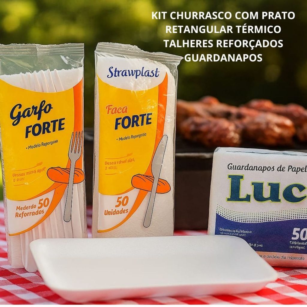 Kit Churrasco Festa Refeição Prato Retangular Isopor Descartável Garfo Faca Reforçado + Guardanapo