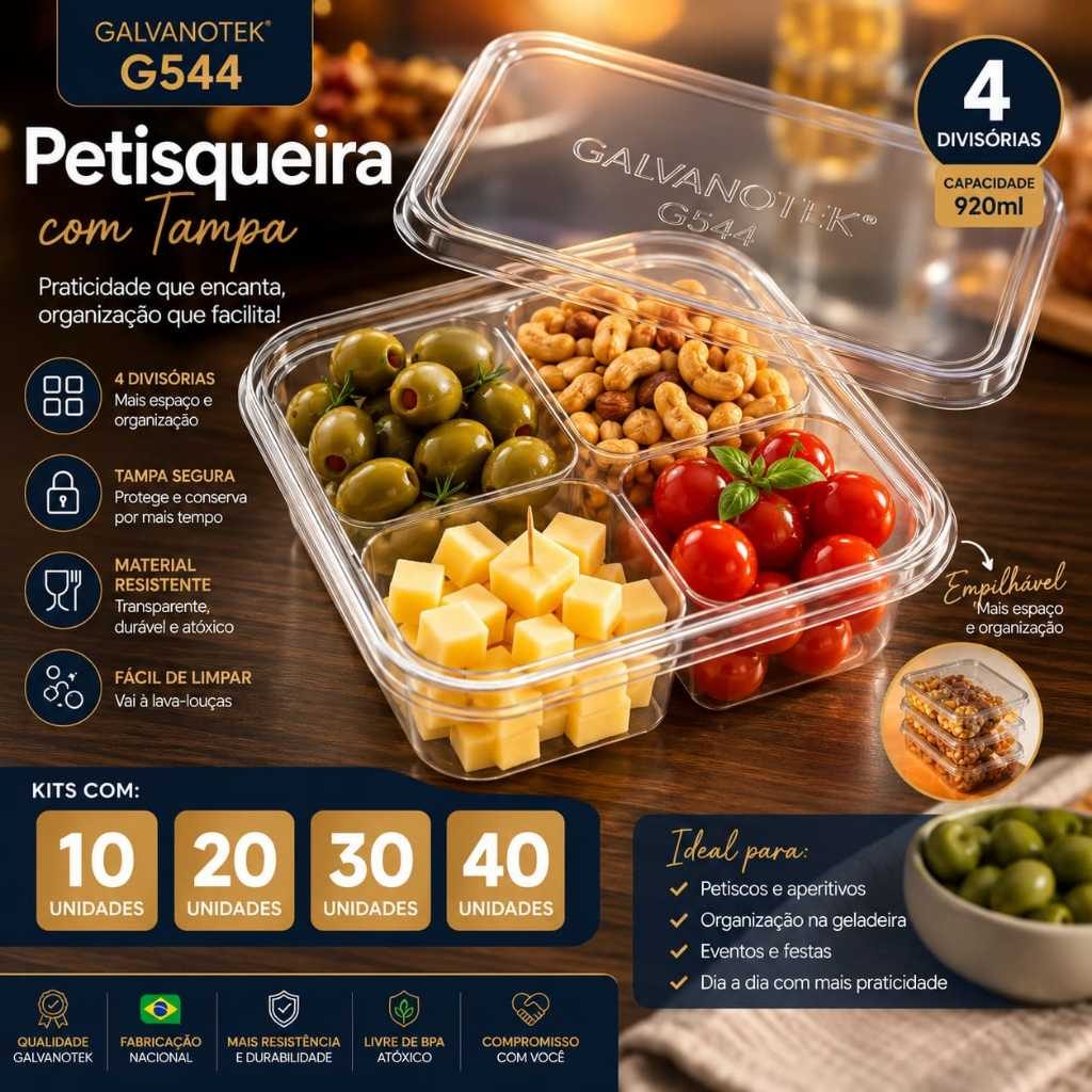 Bandeja Petisqueira Quadrada 660ml c/ 4 Divisórias Tampa G544 Galvanotek 10 20 30 40 un
