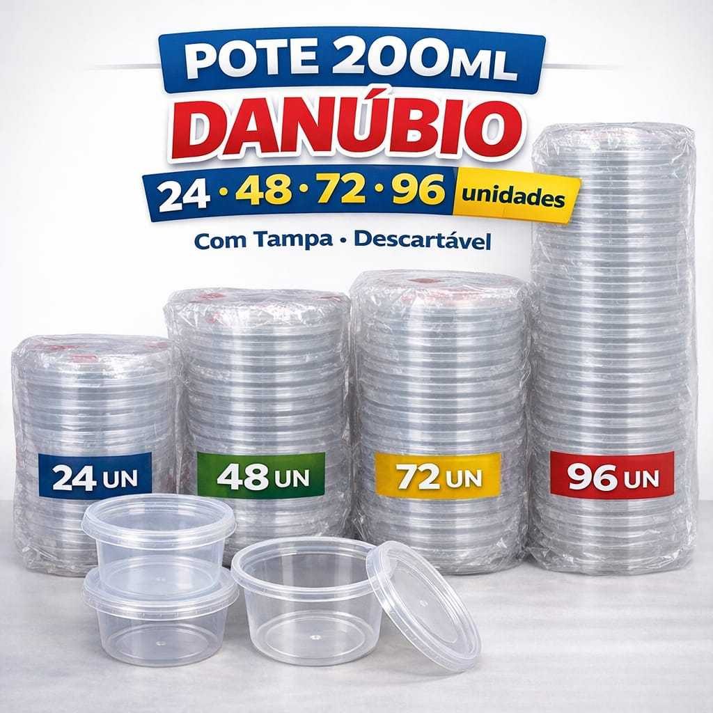 Kit Pote Danúbio 200ml Redondo Com Tampa Freezer e Microondas Para Sobremesa Açaí e Delivery