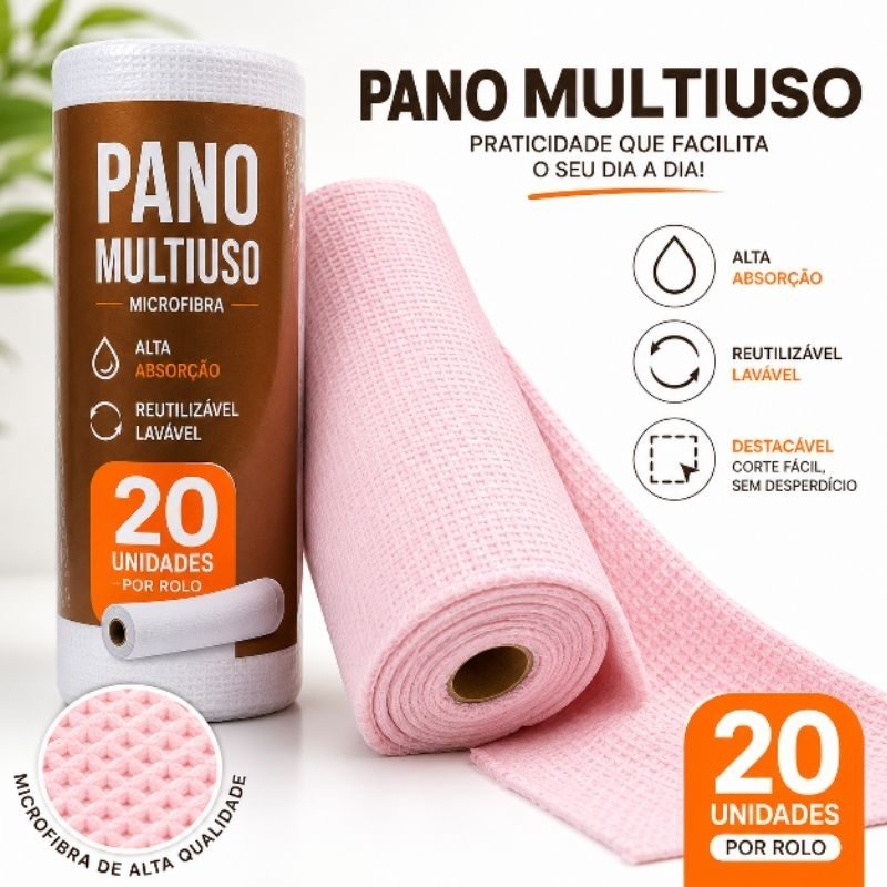 Pano Multiuso Microfibra em Rolo 20 ou 40 Unidades Lavável Reutilizável Alta Absorção