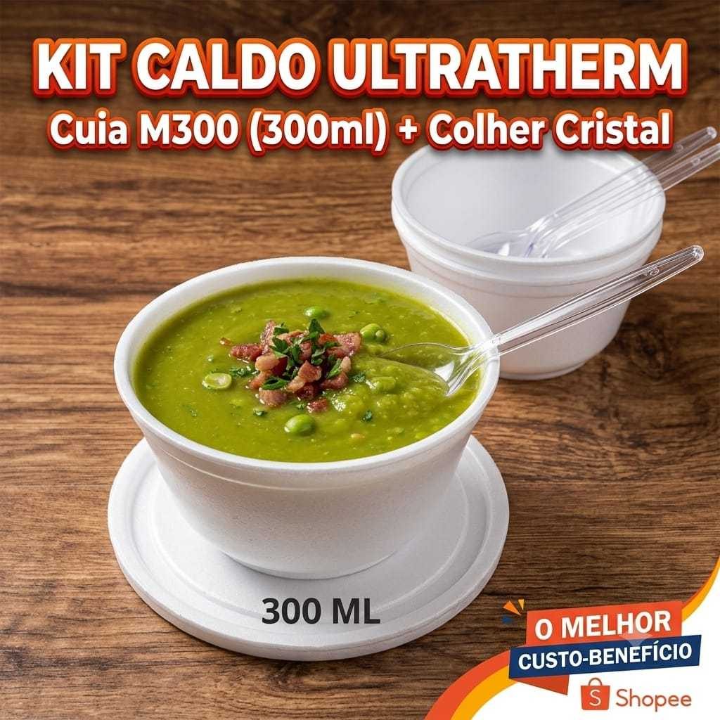 Kit Cumbuca Cuia 300ml + Colher Resistente Pote De Isopor Funda Térmica 15cm M300 Com 100 Ulthaterm
