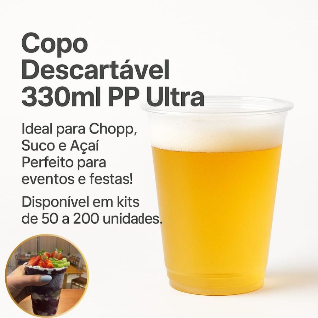 COPO 330ML DESCARTÁVEL LISO CHOPP SUCO AÇAÍ PP POLIPROPILENO COM 100 150 200 250 UNIDADES