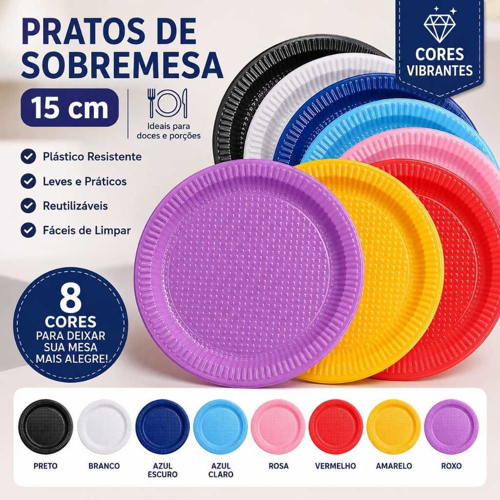 Prato Descartável 15cm Colorido Para Bolo Doces Sobremesa Festa Kit 50 100 150 200 Unidades