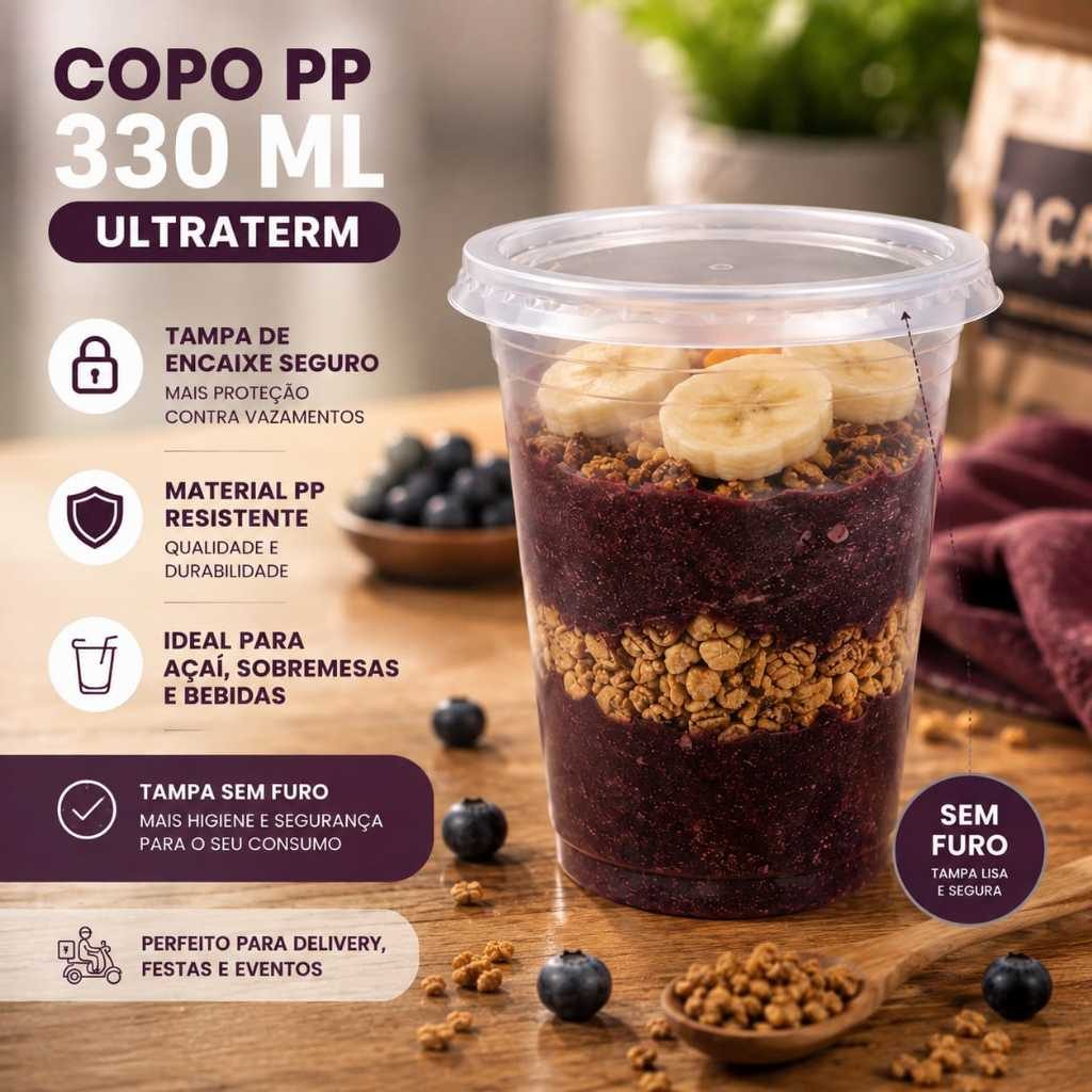 Copo Descartável de 330ml Com Tampa sem Furo Liso Para Suco Refrigerante Açaí Sorvete