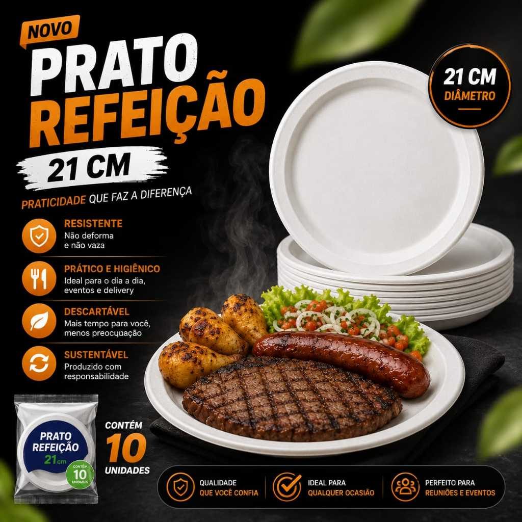 Prato Descartável 21cm Refeição Para Festa Churrasco Almoço 50 100 Unidades Branco Raso Bolo