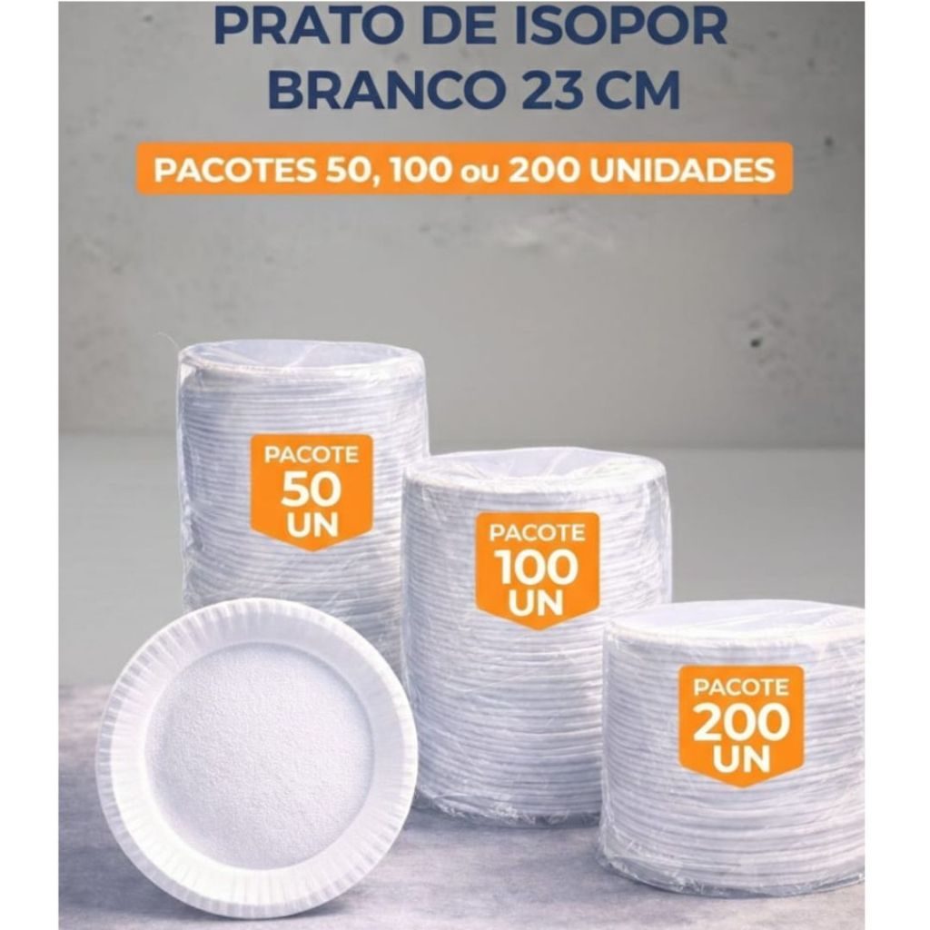 Prato de Isopor Branco 23cm Raso | Pacotes 50 100 200 Unidades | Festa e Eventos