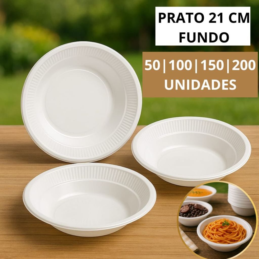 Prato Fundo Descartável CopoPlast 21cm PS Branco Festa Eventos Sopa Massas Churrasco 100 unid.