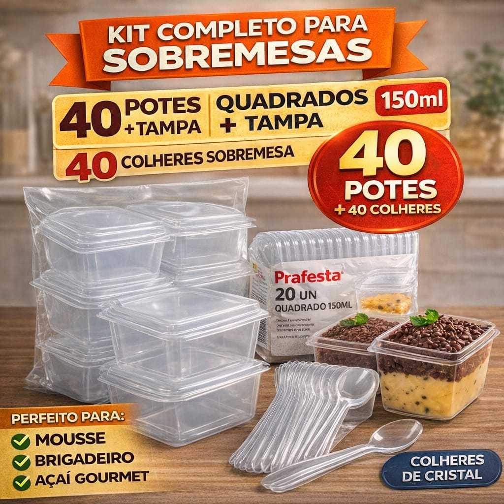 Pote 150 ml Para Sobremesa c/Tampa e Colher Mousse Doces Bolo de Pote Prafesta