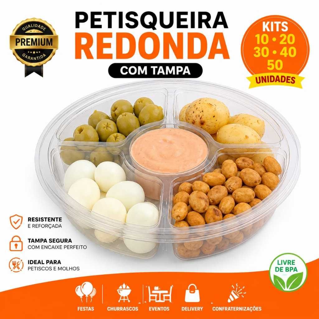 Petisqueira Redonda Com Tampa 4 Divisórias G540 Galvanotek Frios Fondue Kit 10 20 30 40 50 unidades