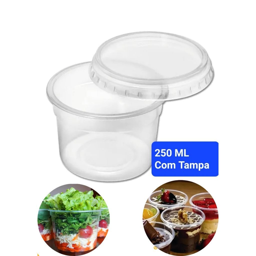 KIT de Pote Descartável Redondo Com Tampa 250ml Danúbio - Para Bolo no Pote Açaí 24 48 unidades