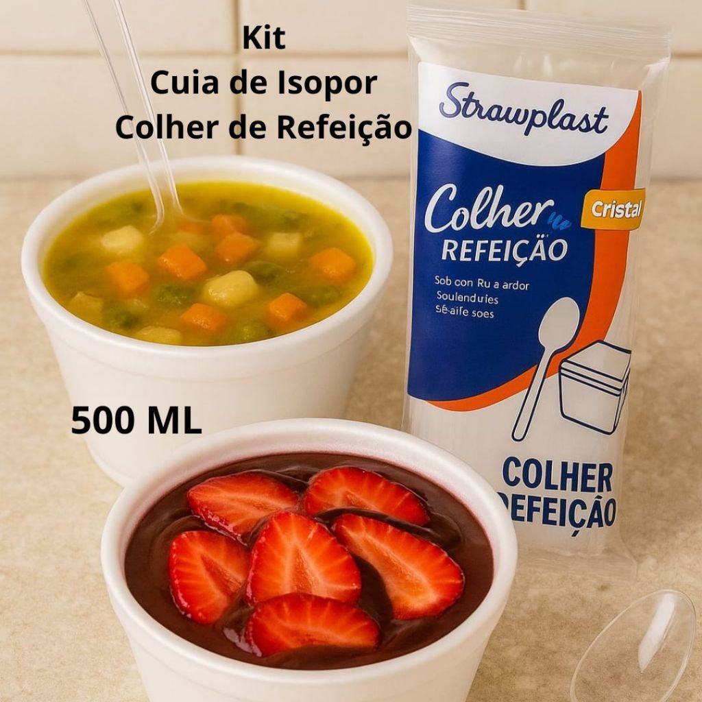 Kit Pote Cumbuca 500 ml de Sorvete Açaí Caldo Isopor Descartável Térmico com Colher 50 100 Unidades