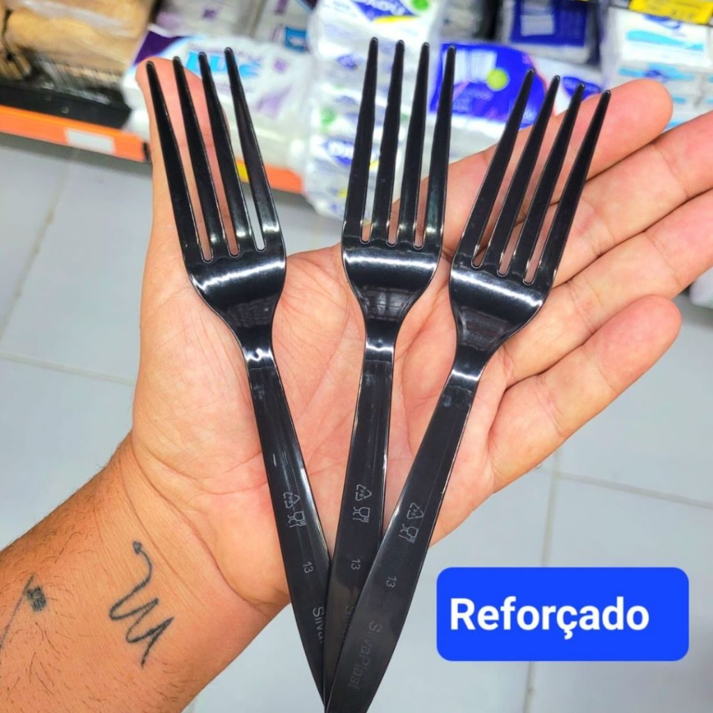 Garfo Preto Talher Refeição Forte Reforçado Descartável Para Churrasco Festa 100 200 300 Unidades