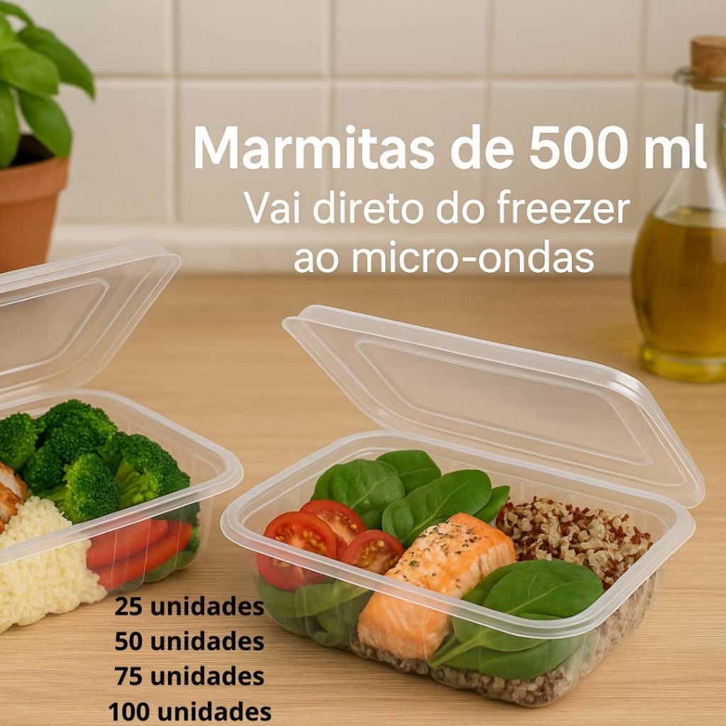 Pote 500 ML Marmita Retangular Com Tampa Freezer e Microondas Fitness 25/50 UN