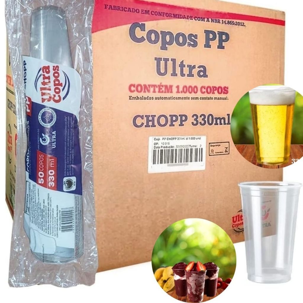 Copo 330ml Descartável Chopp Suco PP Chope Açaí Liso Transparente Caixa Com 1000 Unidades