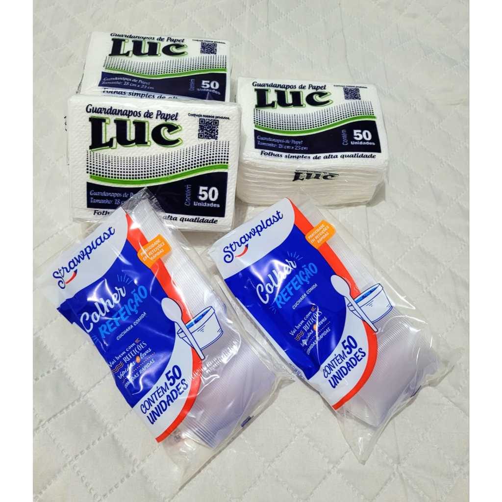 Kit Guardanapo de Papel Folha Simples 18X23 CM + Colher Refeição Resistente 100 200 unidades de cada