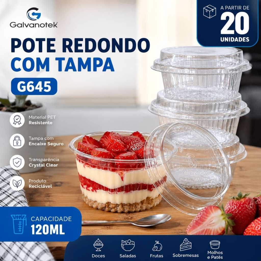 Pote 120ml Redondo Com Tampa Galvanotek G645 PET Cristal Transparente Para Doces Sobremesa Bolo
