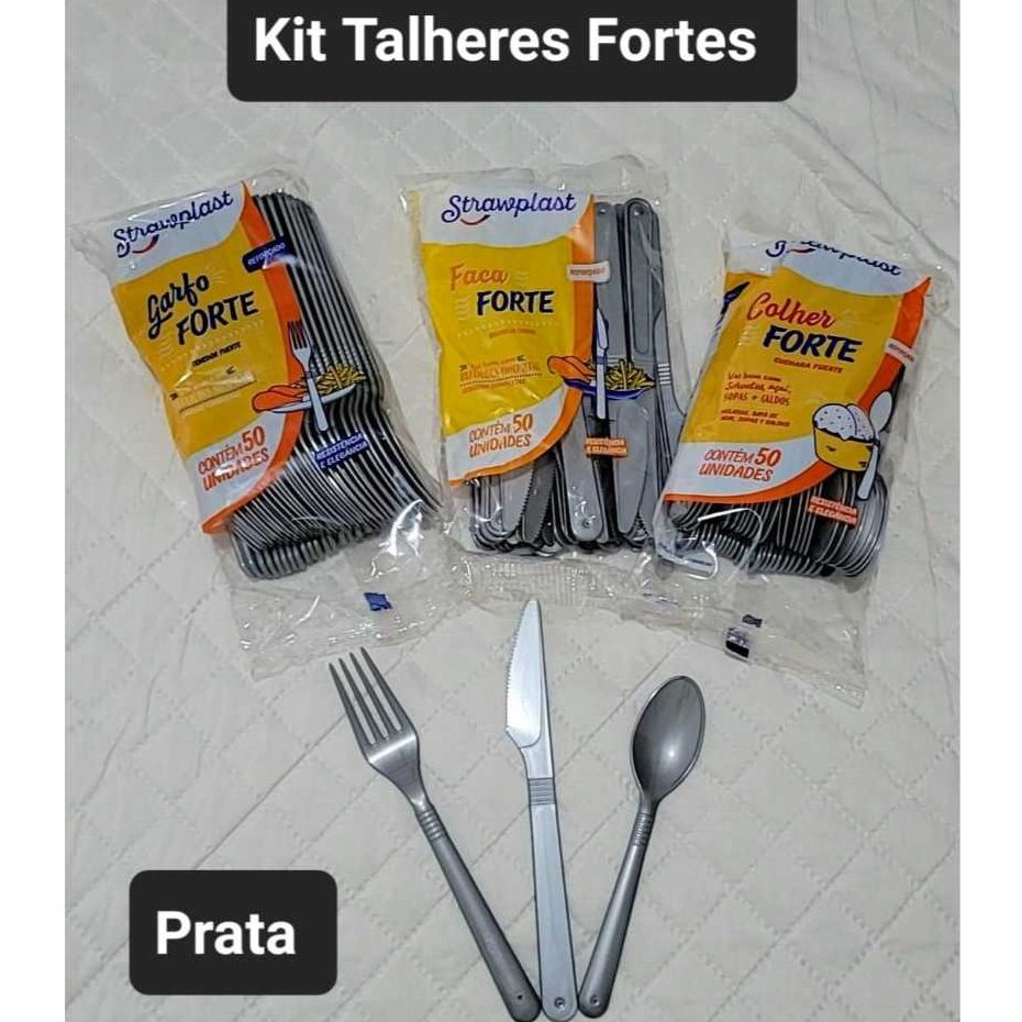 Kit Talher Refeição Forte Descartável Prata Churrasco Garfo Faca Colher 150 300 450 Unidades