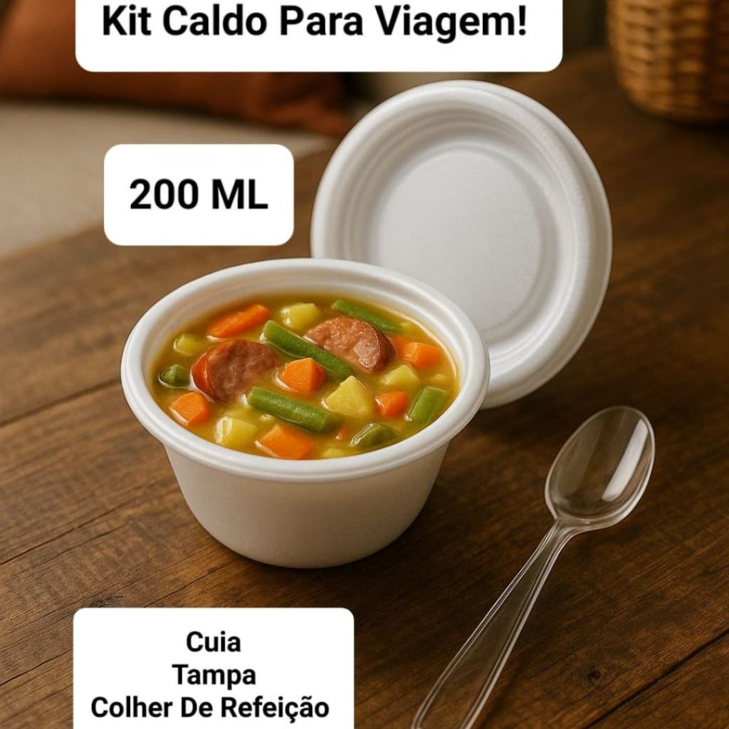 Kit Cumbuca 200ml Cuia Funda de Isopor Com Tampa + Colher de Refeição Para Caldo Sopa Sorvete