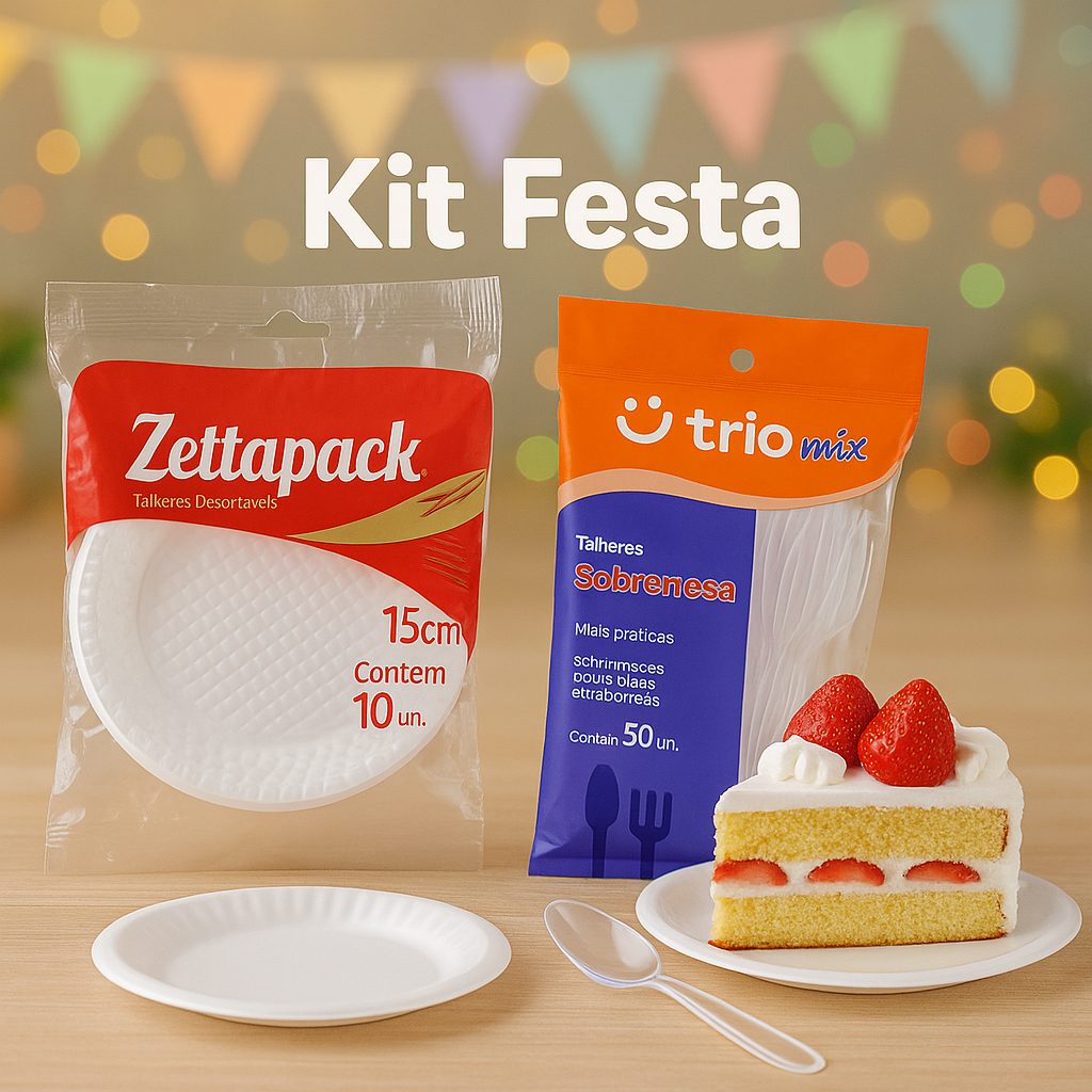 Kit Festa Descartável de Prato 15 cm + Colher Sobremesa Bolo - 100 / 200 / 300 unidades