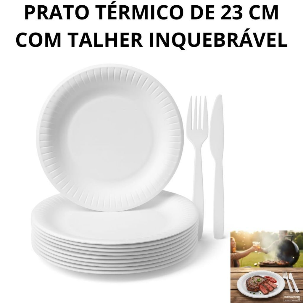Kit Churrasco Prato de Isopor Térmico 23 cm Raso Descartável Garfo e Faca Inquebrável Refeição 100x
