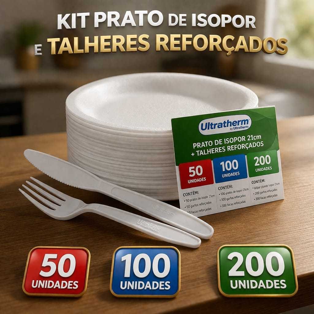 Kit Prato Isopor 21cm Ultratherm + Garfo e Faca Reforçados 50 100 200 Unidades Descartável Festa