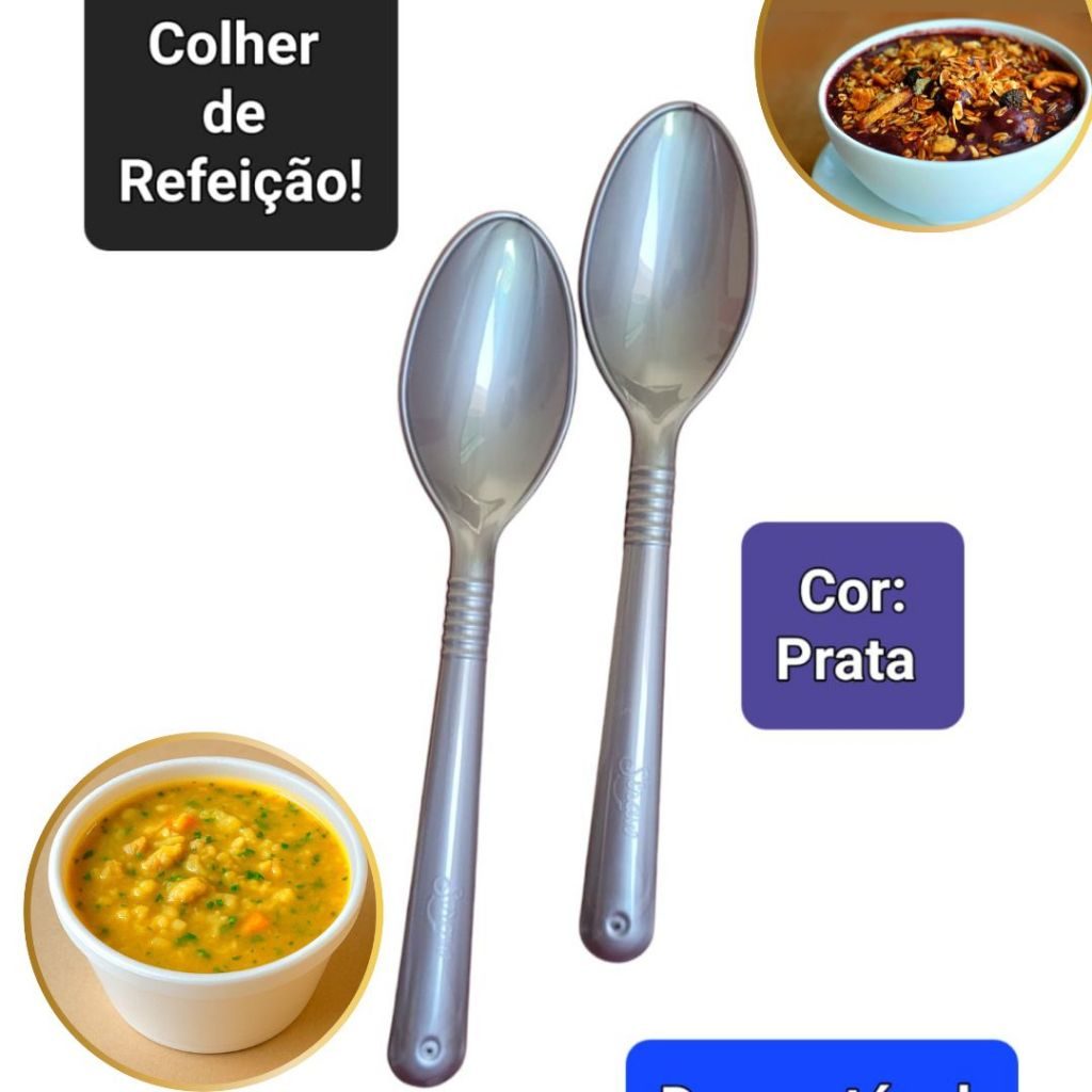 Kit Colher Refeição Luxo Prata Reforçado Descartável Caldo Sopa Sorvete 100 200 Unidades