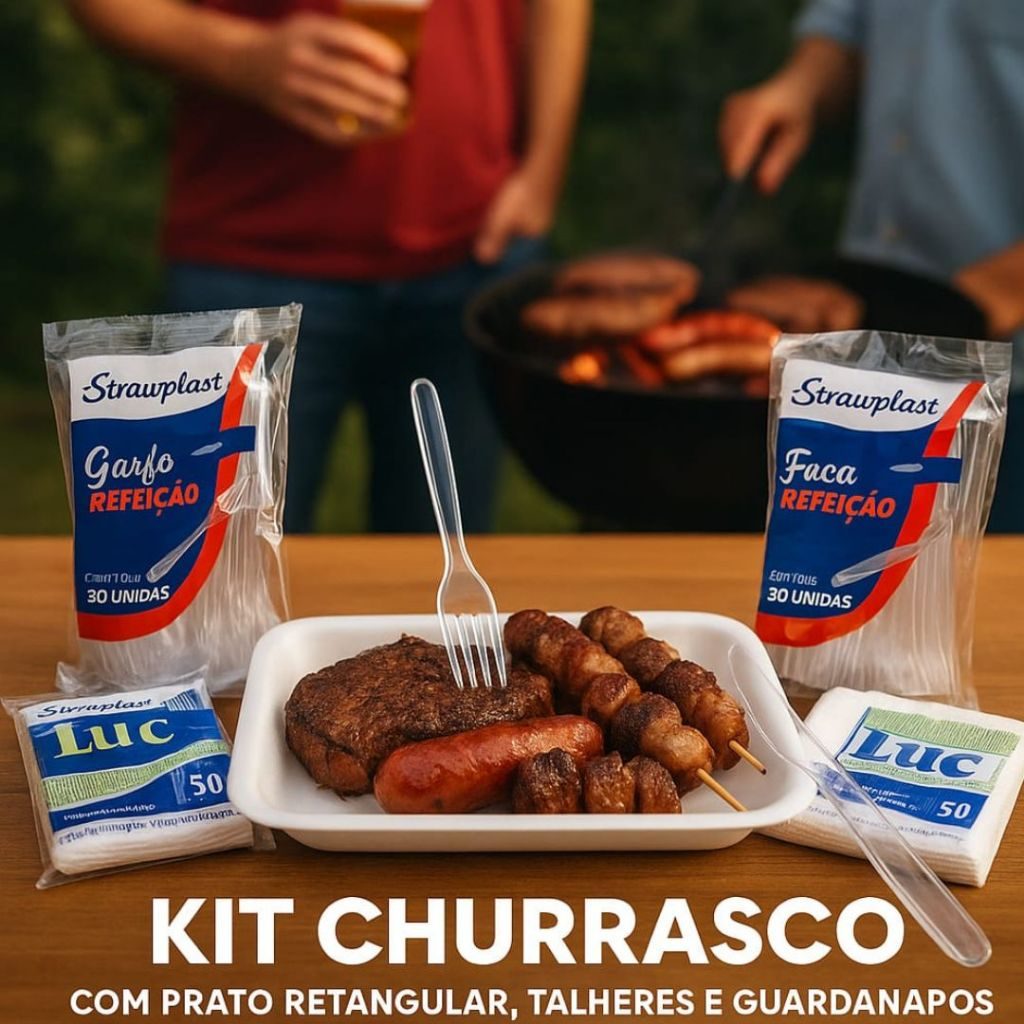 Kit Churrasco Festa Refeição Prato Retangular Isopor Descartável Garfo Faca Resistente + Guardanapo
