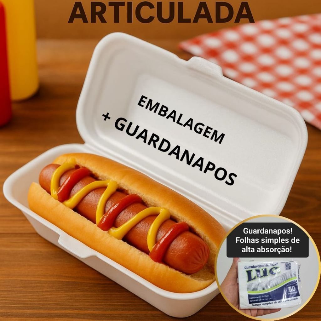 Kit Embalagem Termica de Isopor Para Hotdog Cachorro Quente 50 unidades Descartável + Guardanapos