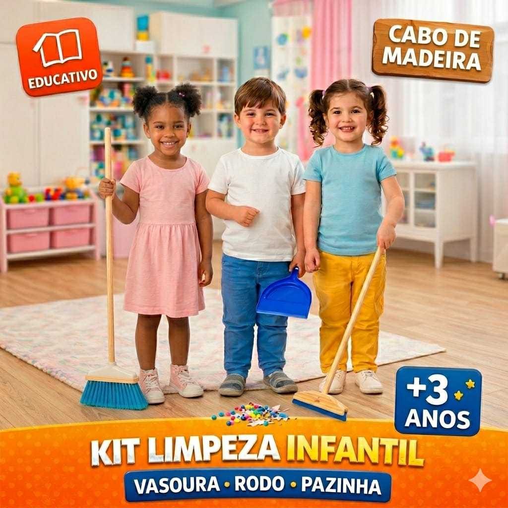 Kit Limpeza Infantil Vassoura Rodo Pazinha Cabo Madeira Brinquedo Educativo Criança