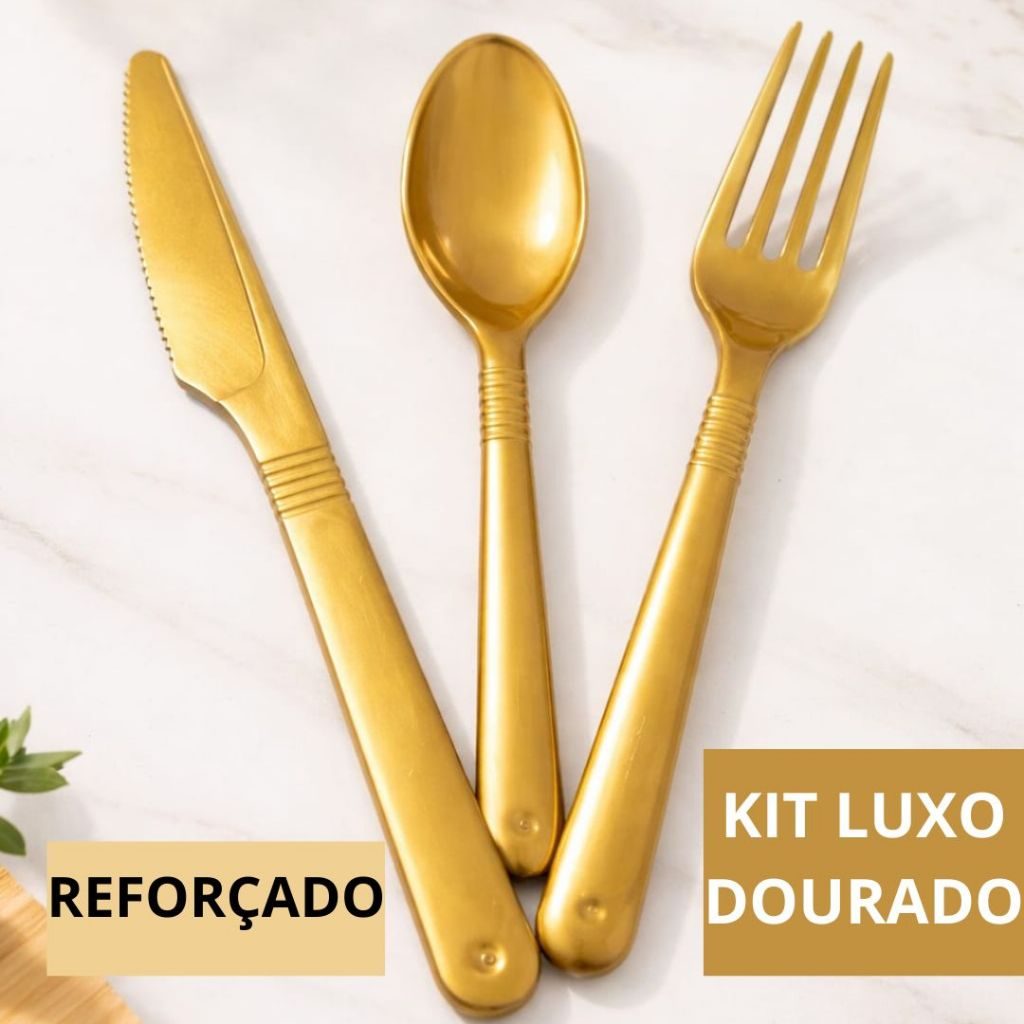 Kit Garfo Faca Colher Dourado Reforçado Descartável Churrasco Festa 50 100 150 200 Unidades