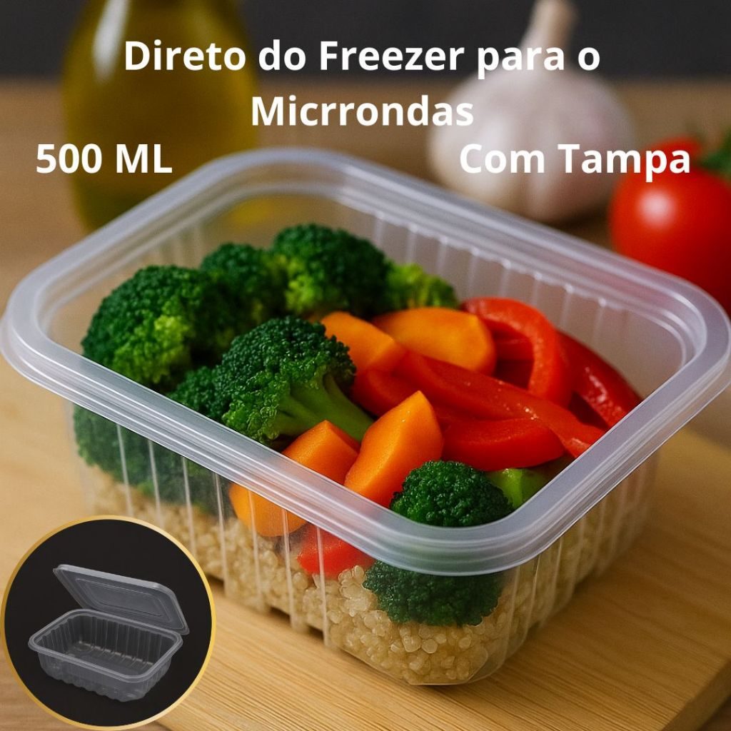 Pote Embalagem Descartavel Marmita Retangular Plástico Reutilizavel 500ml Com Tampa Freezer Microo