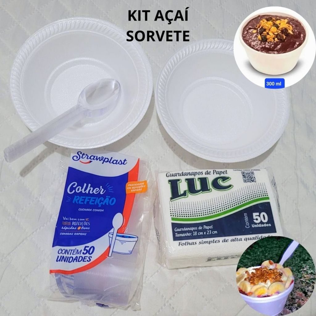 Kit Pote Cumbuca 300 ml de Sorvete Açaí Caldo Isopor Descartável Térmico com Colher e Guardanapos