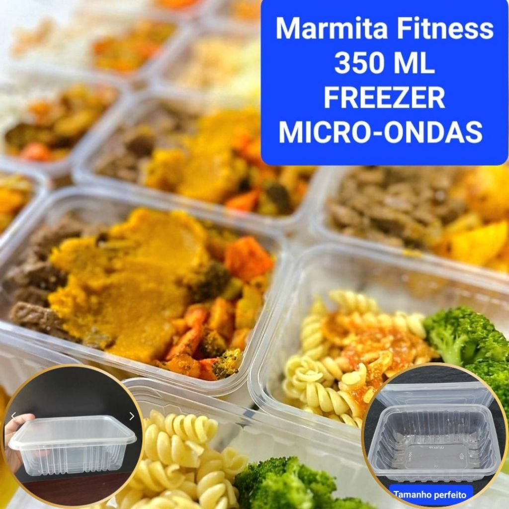 Pote Marmita Descartavel Rentagular Embalagem Plastico 350ml Comida Fitness 24/48/72/96 unidades