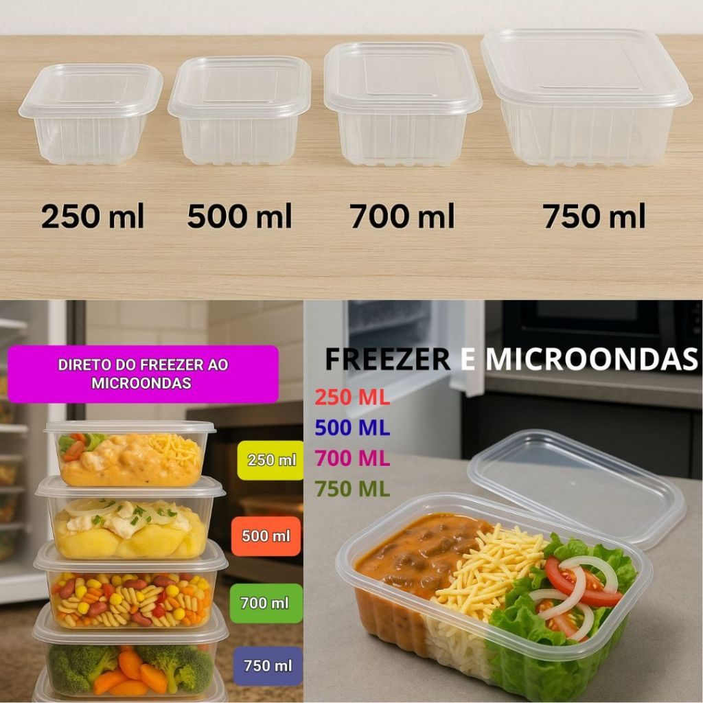Pote Marmita Reutilizável Descartável 250 ML 500 ML 700 ML 750 ML Fitness Fit Freezer Microondas