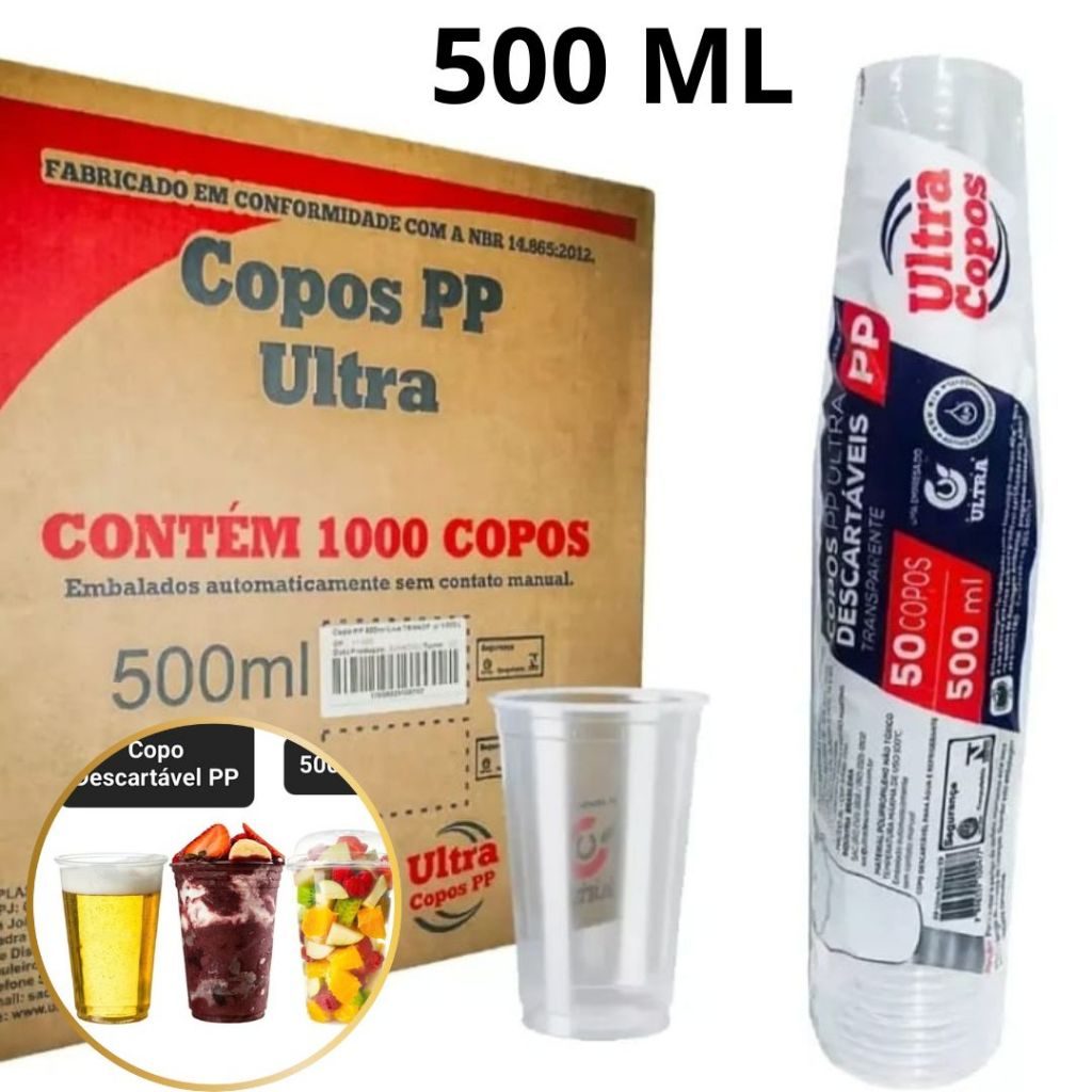 Copo Descartável de 500ml PP Liso Transparente ABNT Ultra Chope Açaí Sorvete 100 200 300 Unidades