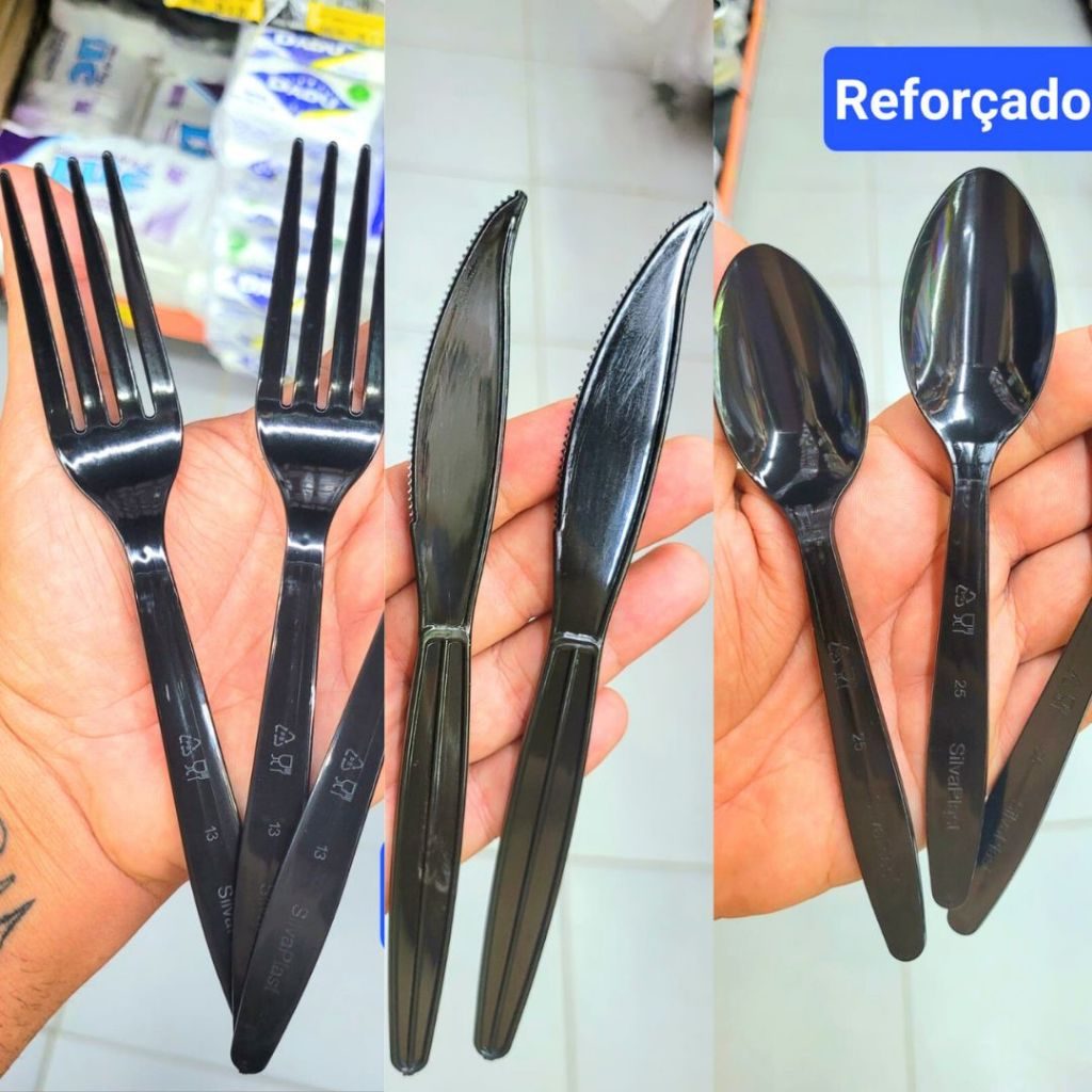 Kit Talher Refeição Forte Descartável Preto Churrasco Garfo Faca Colher 100 200 300 400 500 Unidades