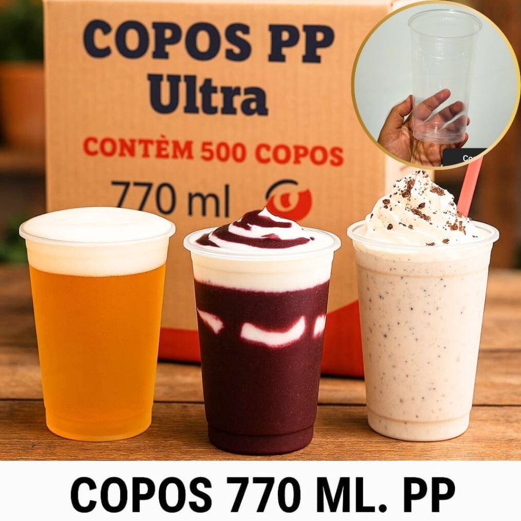 Copo de 770ml Copão PP Polipropileno Descartável Transparente Liso Com 50 Unidades Chope Shake Açaí