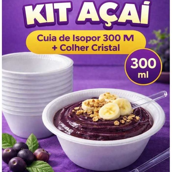 Kit de Pote de Isopor de 300ml + Colher de Descartável Para Açaí Sorvete Caldo Sobremesas 100 Unid