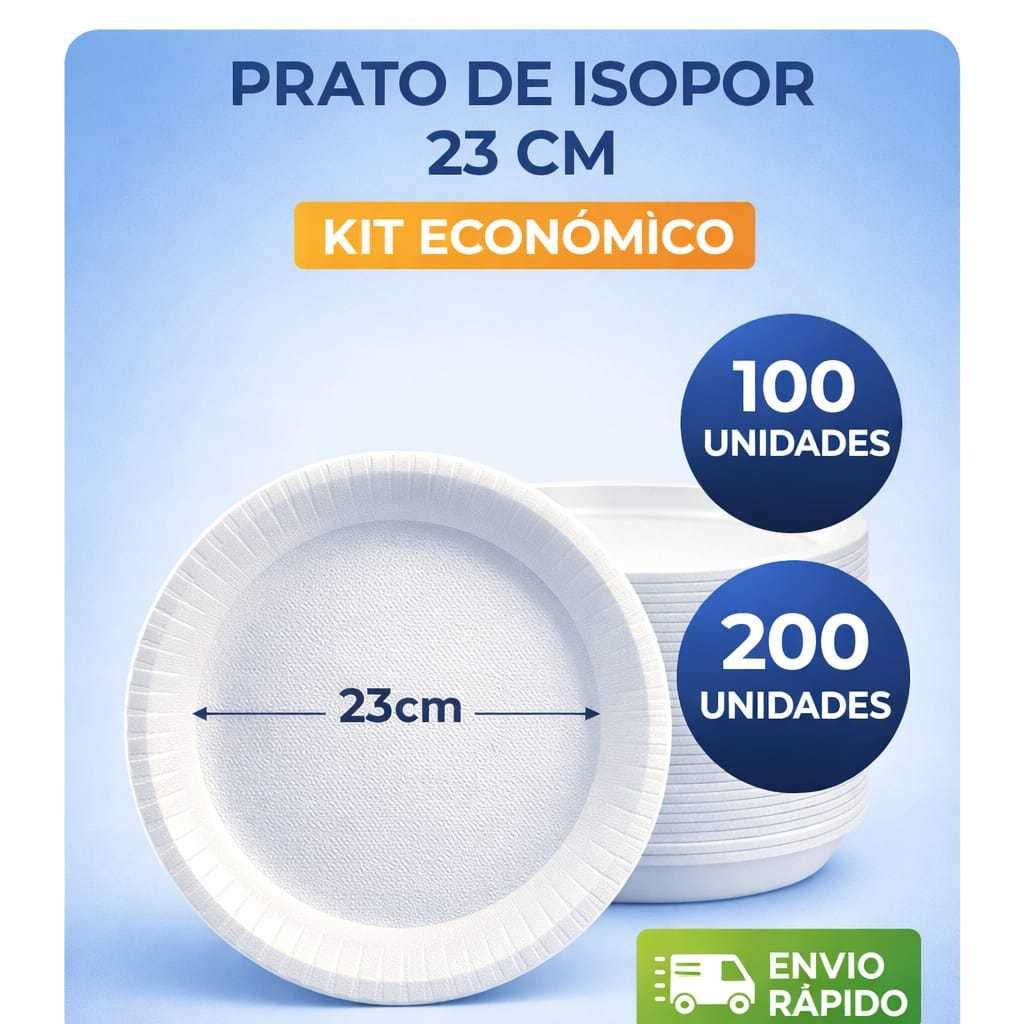Prato de Isopor Térmico 23 cm Raso Reforçado | Kit 100 ou 200 | Refeição Churrasco Festa