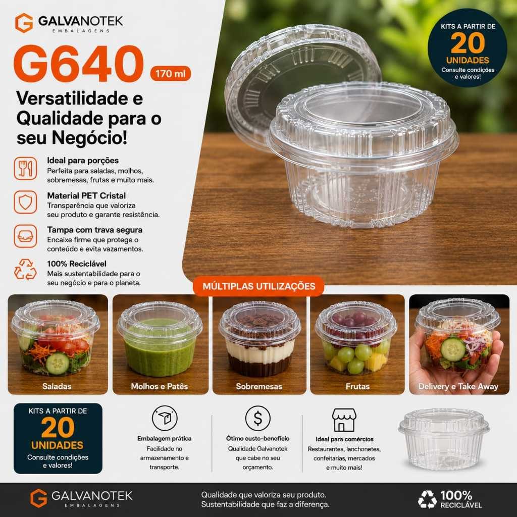 Pote Galvanotek G640 170ml Tampa Cristal Bolo No Pote Mousse Doces Sobremesas PET Transparente