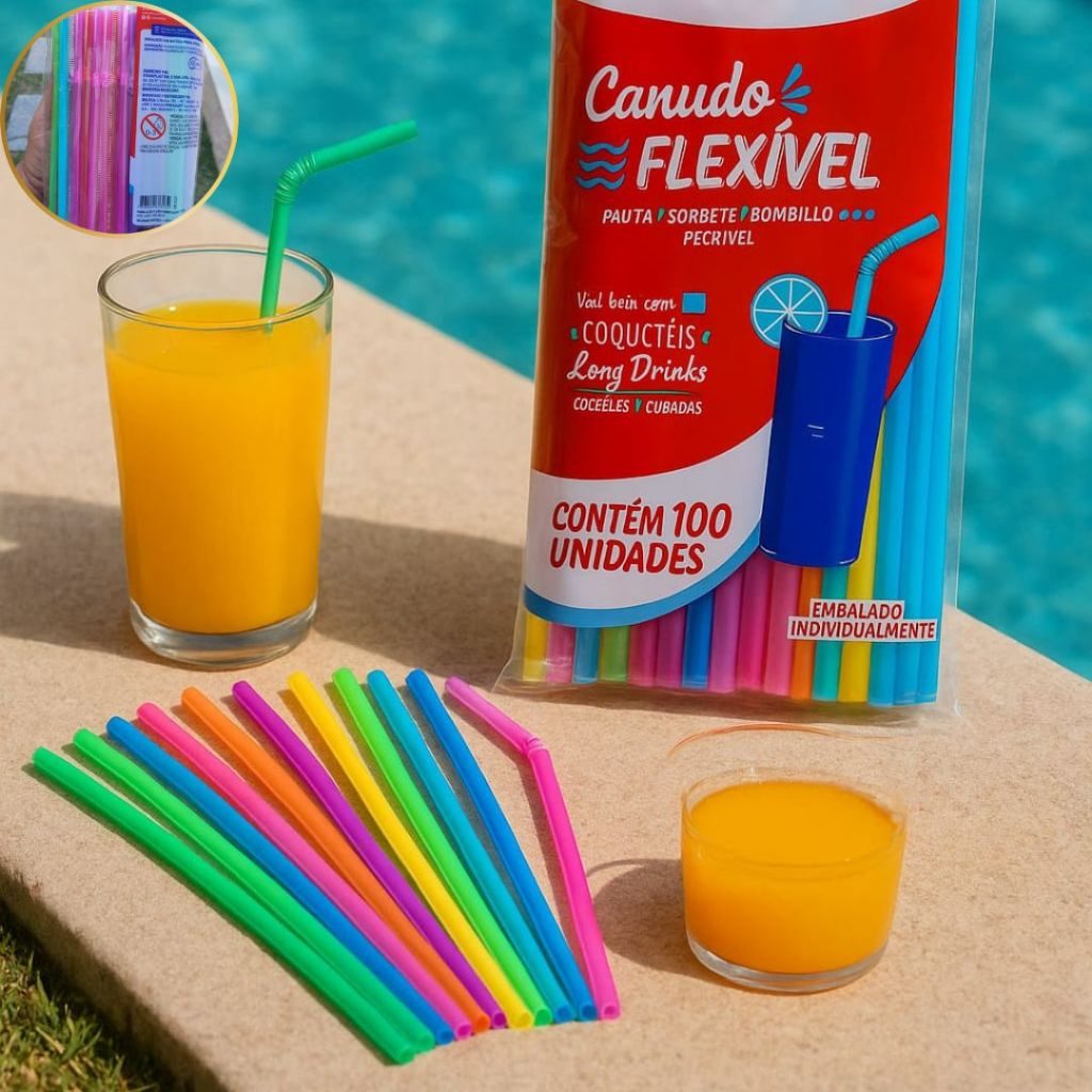 Kit Canudo Colorido Flexível Para Bebida Caipirinha 21cm Strawplast Drink Sucos Refrigerante 200 Un