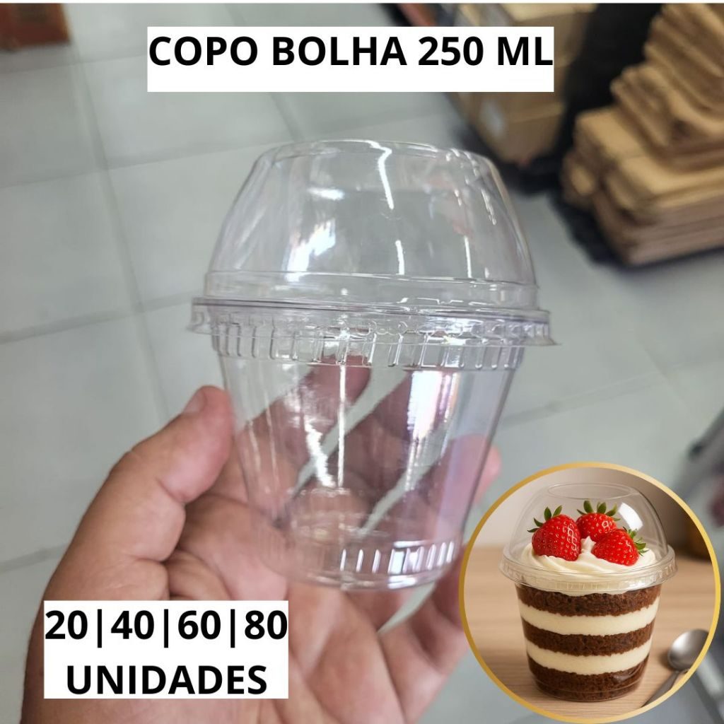 Copo Bolha 250 ml G677 Galvanotek - Tampa Bolha Cristal Sem Furo Bolo no Pote Sobremesa Açaí Doce