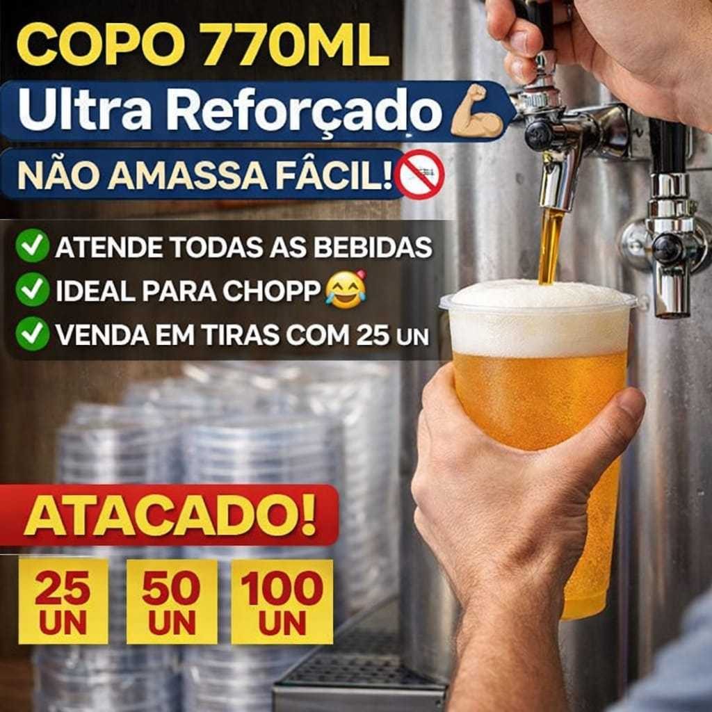 Copo Plástico 770ml PP Ultra Transparente | Resistente | Ideal Açaí e Bebidas | Kit 25 a 100 un