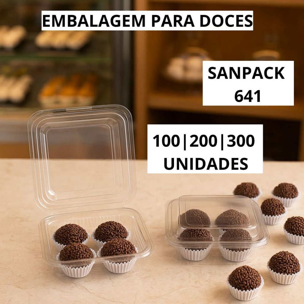 Pote Sanpack S 641 PET Brigadeiro Doces Quadrado Docinho Embalagem Descartável 300 Unid.