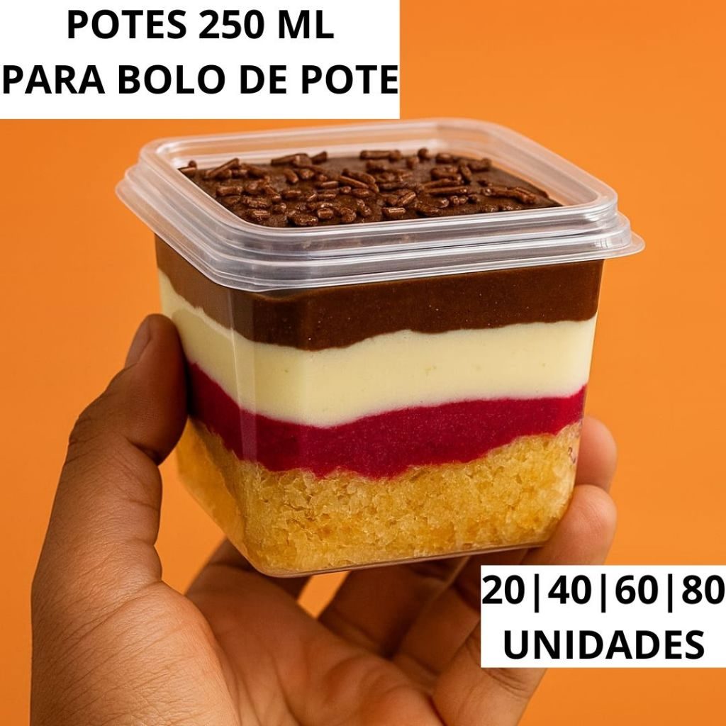 Pote Quadrado 250ml Prafesta Com Tampa - Ideal Para Bolo de Pote, Doces e Sobremesas 100Unidades