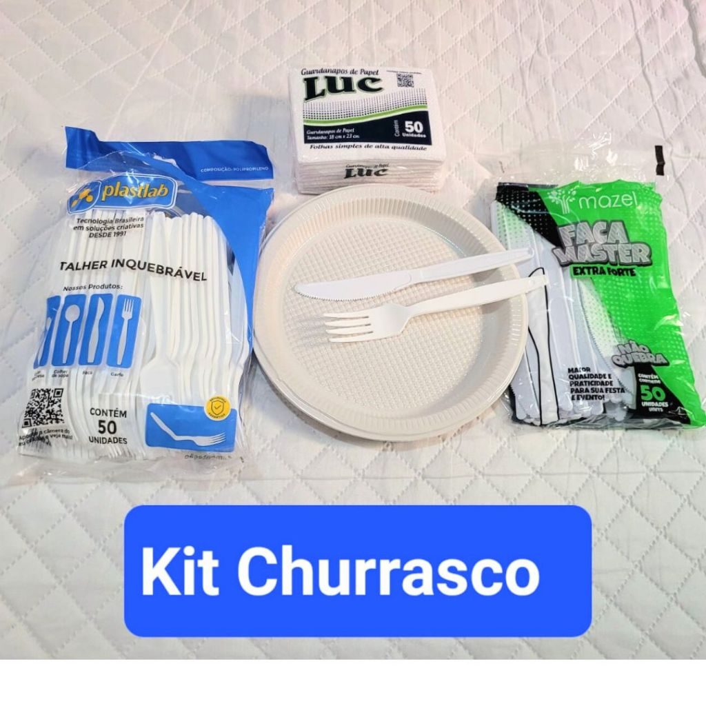 Kit Festa Churrasco Prato de 21 cm Descartável Garfo Faca Reforçado Guardanapo 50/100 Unidades
