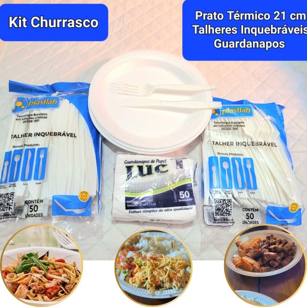 Kit Churrasco Festa Refeição Prato 21cm Térmico Isopor Garfo Faca Inquebrável Guardanapo 100 200