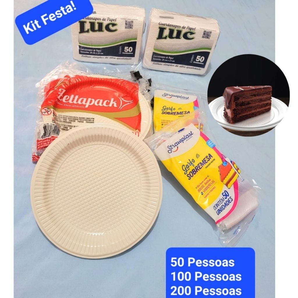 Kit Festa Descartável de Prato de Sobremesa para Bolo 15 cm + Garfo Sobremesa + Guardanapos